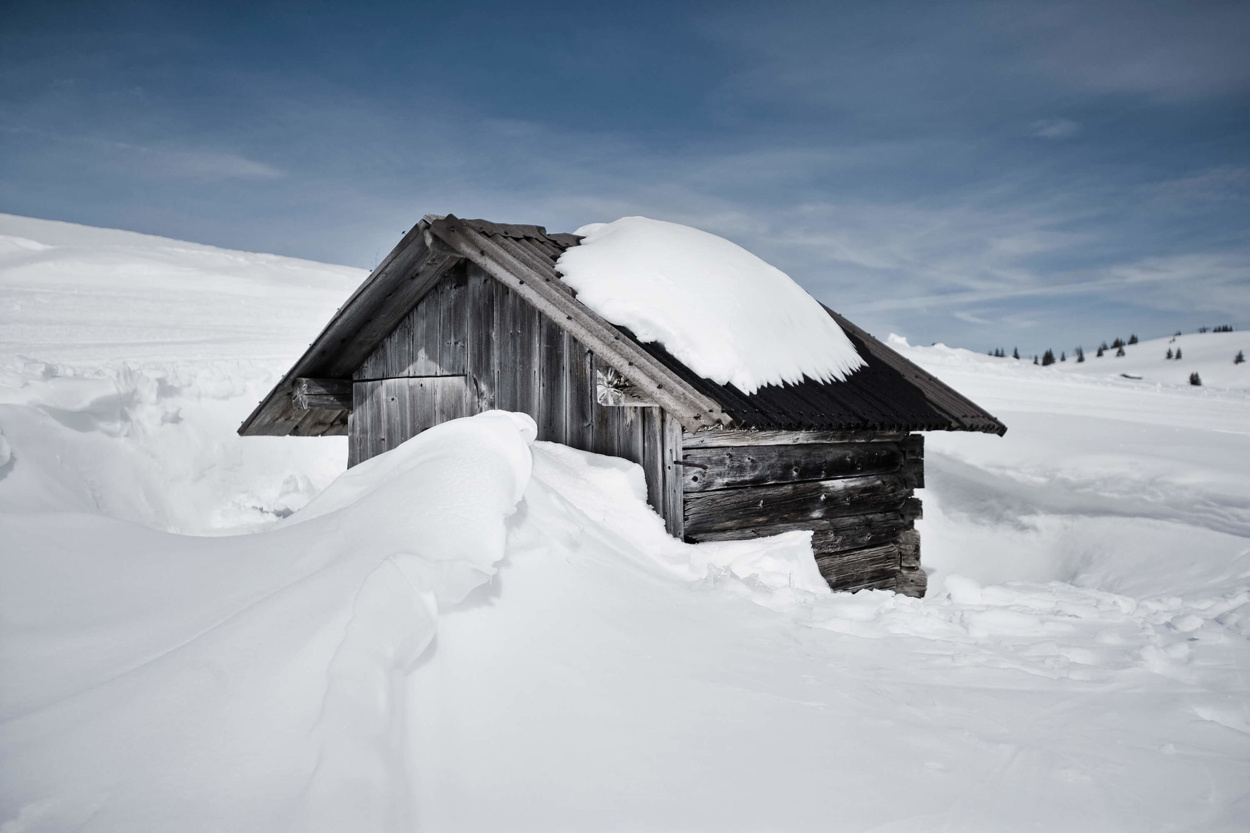 Snowbound shepherd huts, Dolomites