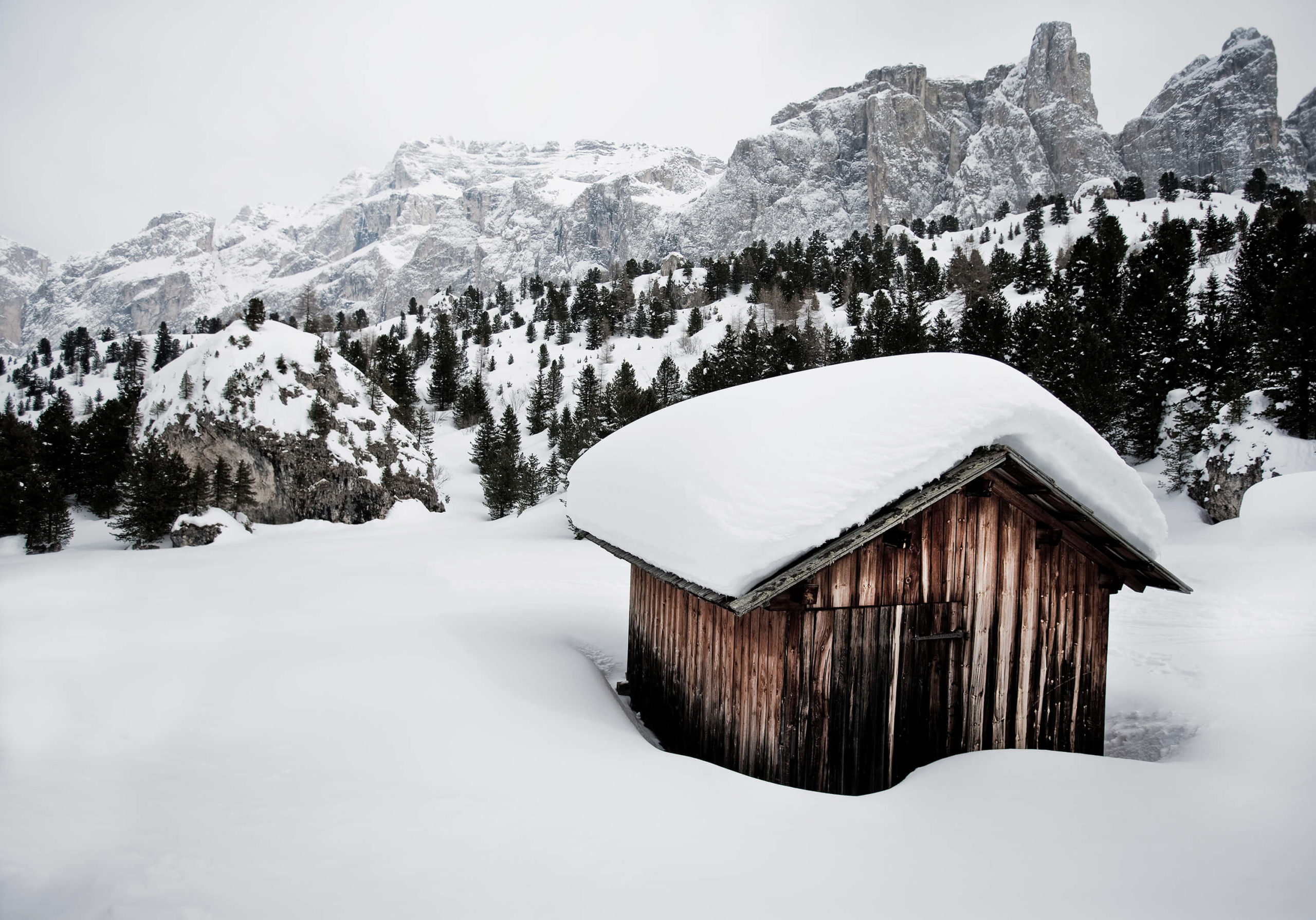 Snowbound shepherd huts, Dolomites