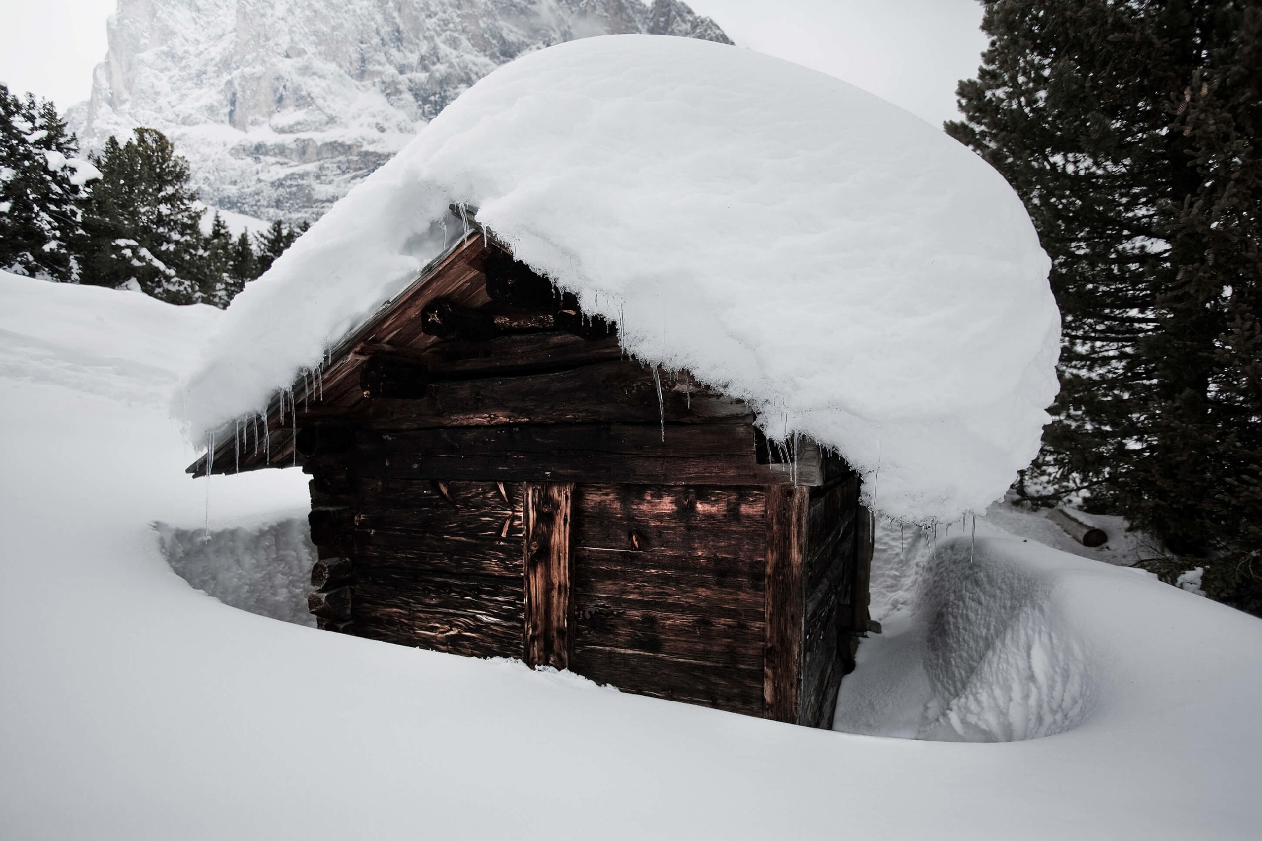 Snowbound shepherd huts, Dolomites