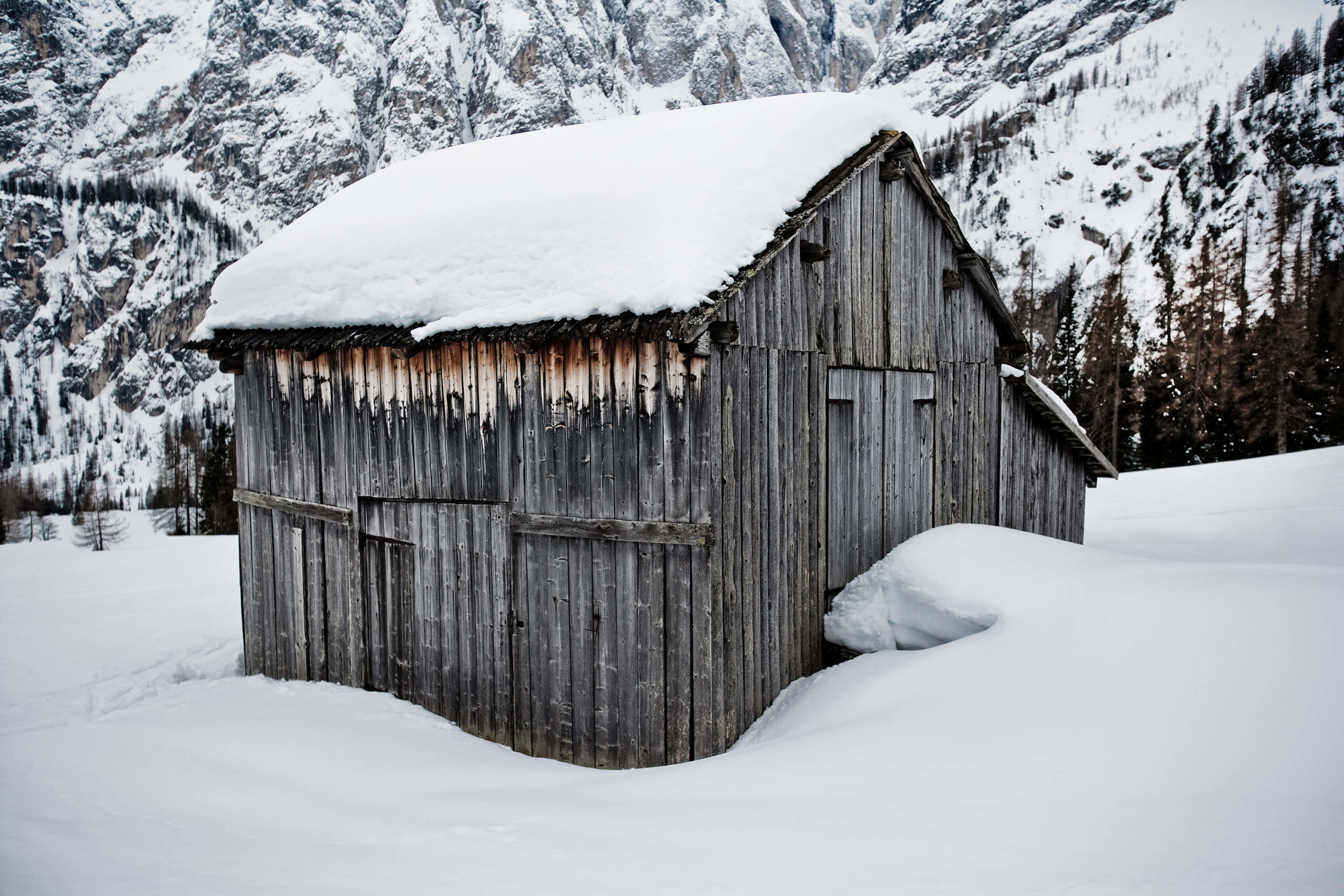 Snowbound shepherd huts, Dolomites