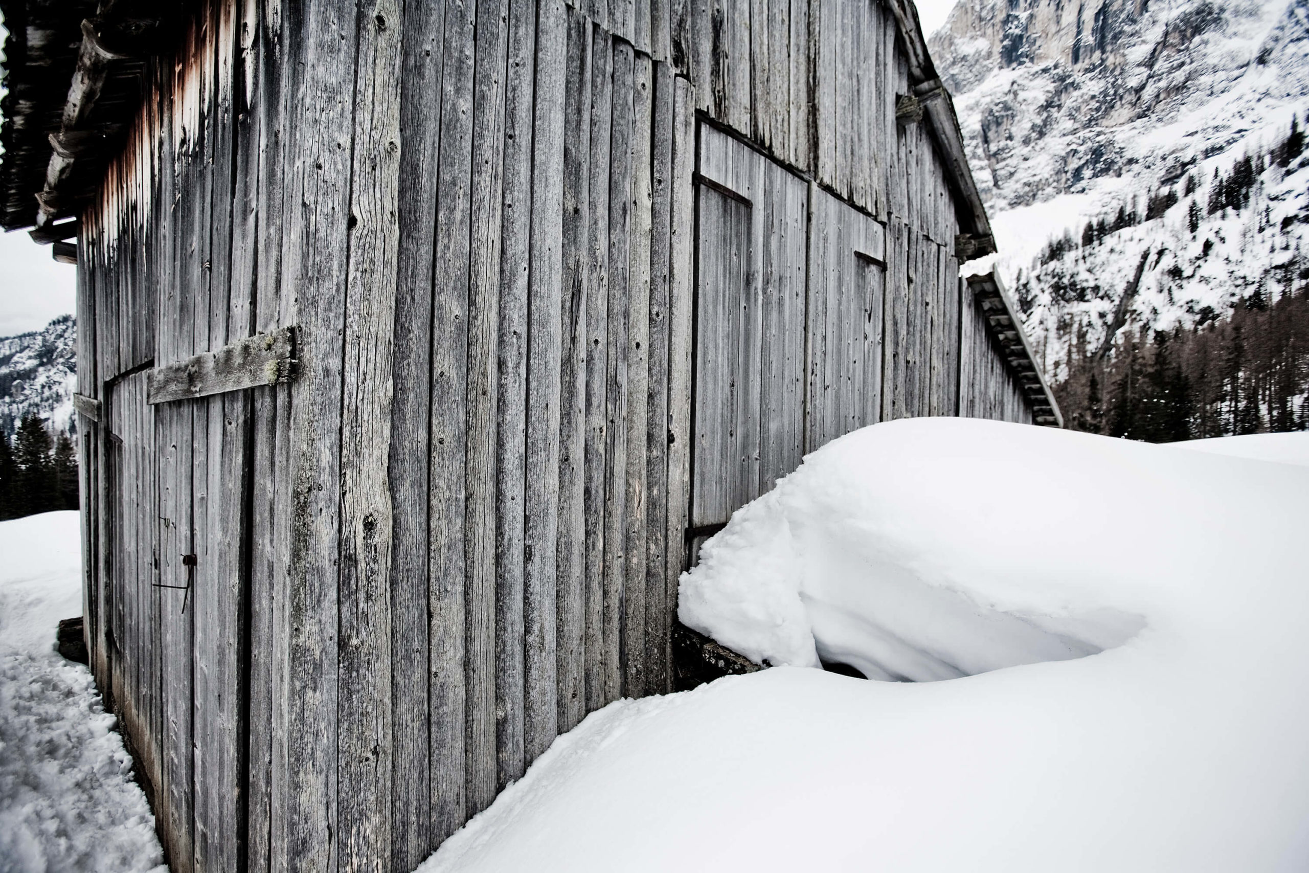 Snowbound shepherd huts, Dolomites