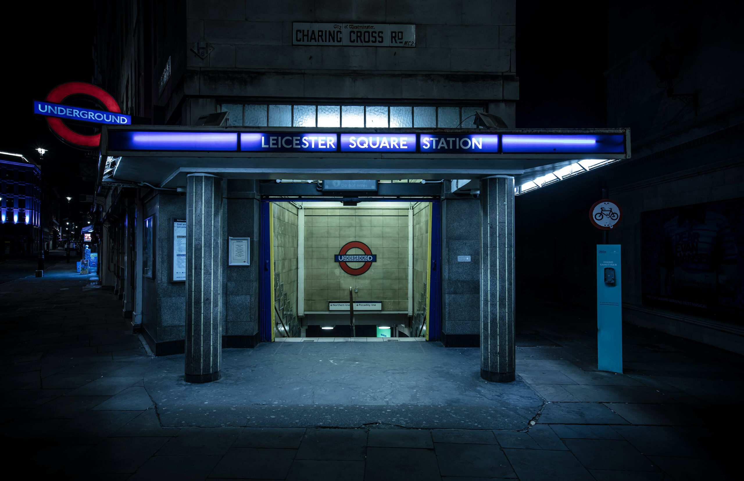 A deserted Leicester Square underground station