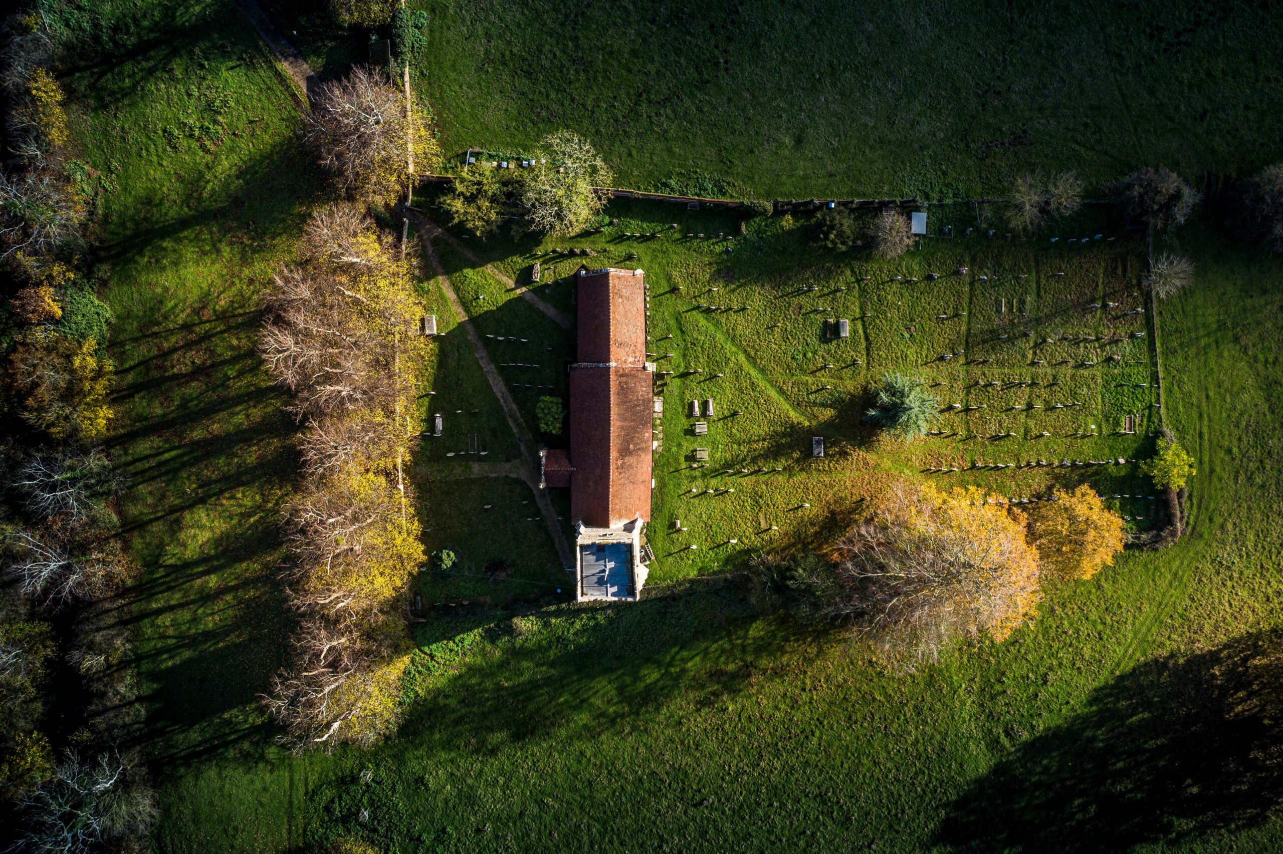 Aerial view of Bealings Church, Suffolk